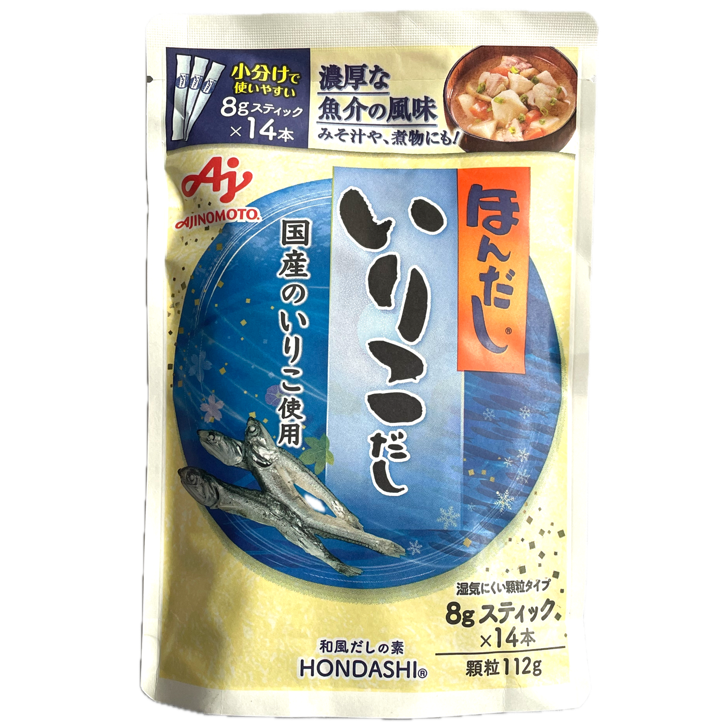 AJINOMOTO Hondashi Sardine Dashi 112g (8g x 14pcs) / 味の素 ほんだし いりこだし 顆粒112g (8g x 14スティック)